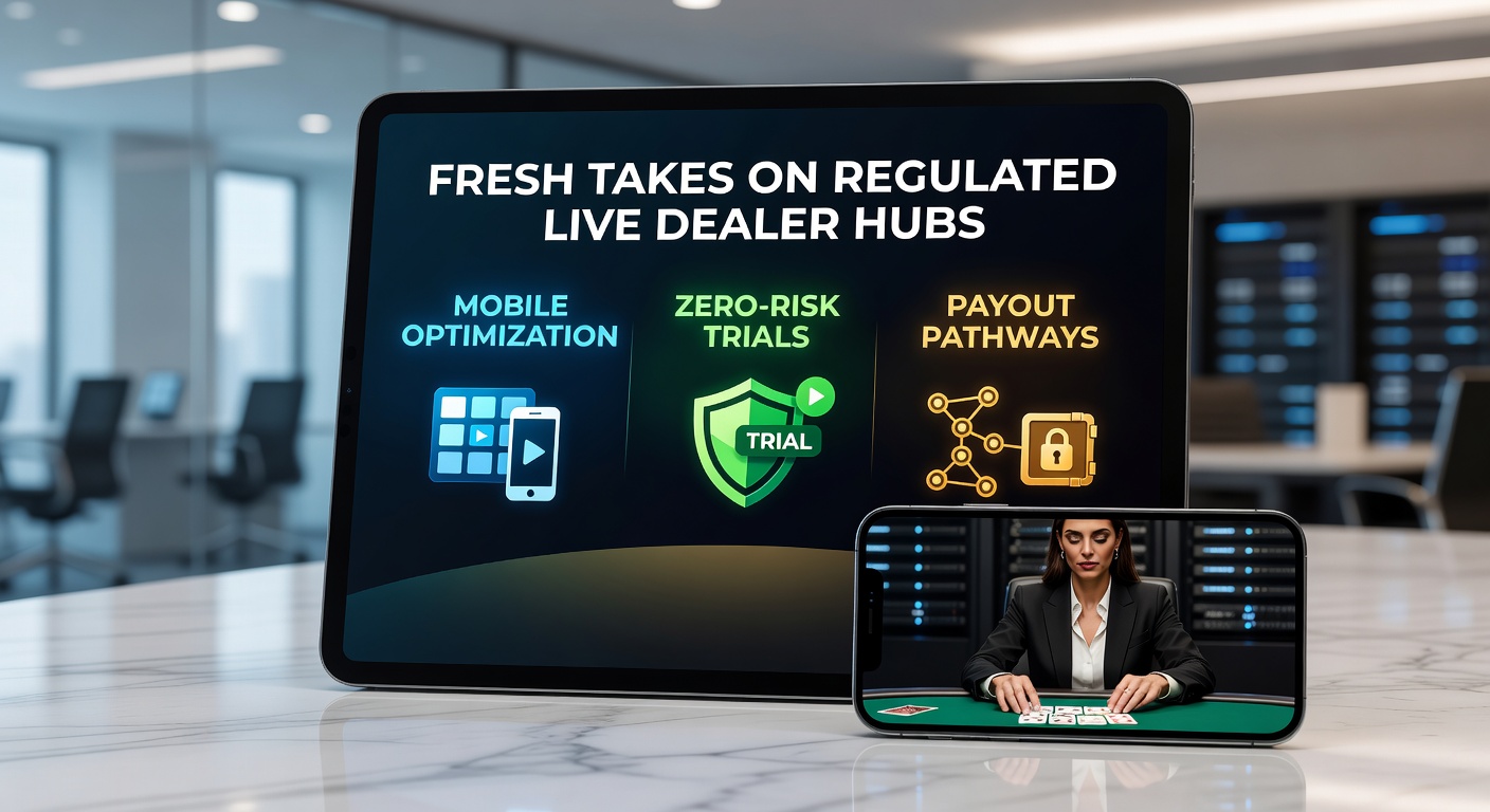 Live-Dealer-Tisch mit mobilen Geräten und Sicherheitsikonen auf einem regulierten Online-Casino-Hub