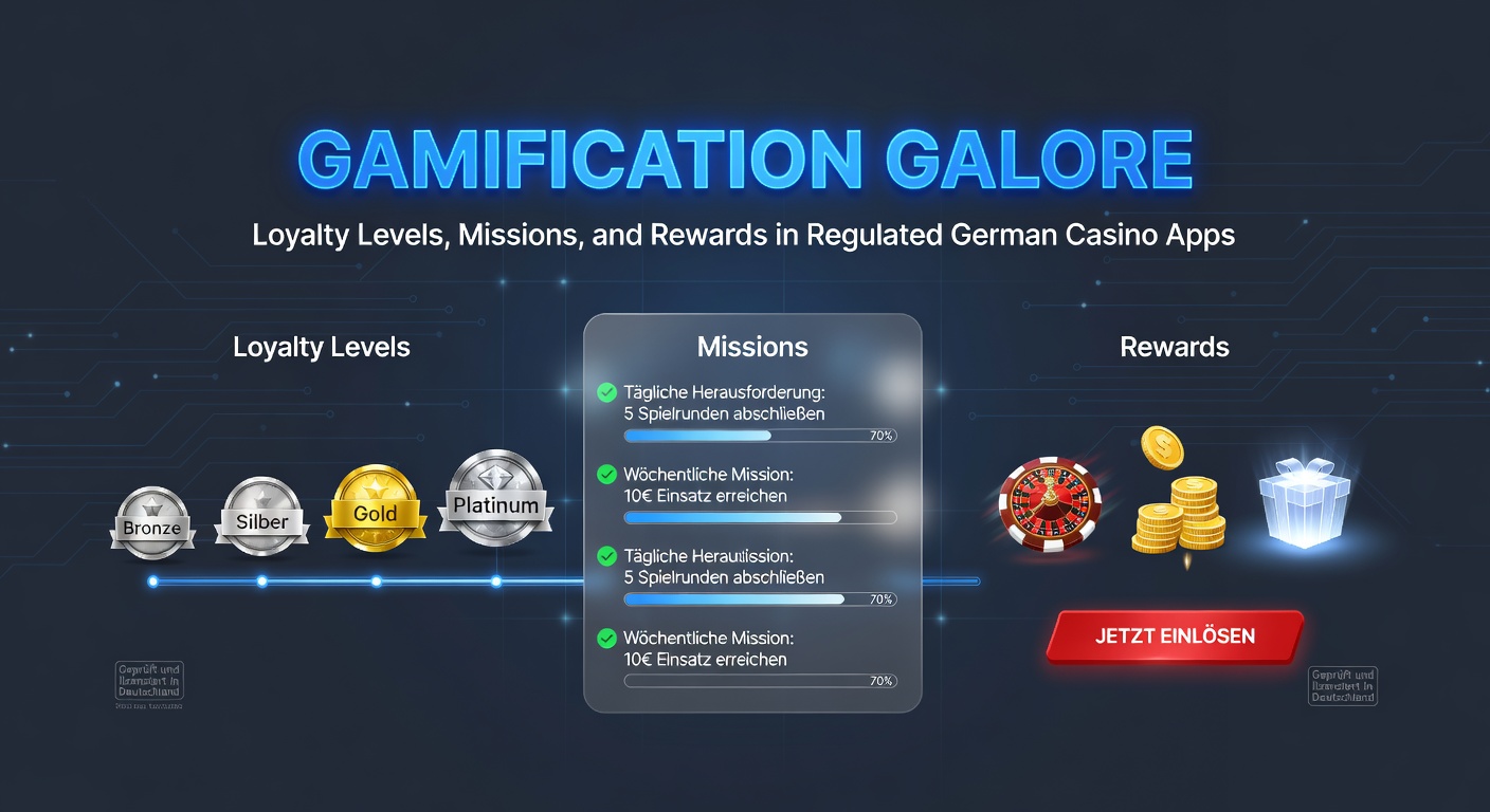 Darstellung eines vielfältigen Loyalitätsprogramms mit Stufen, Missionen und Belohnungen in einer Casino-App, inklusive Punkte-Sammlung und Fortschrittsbalken