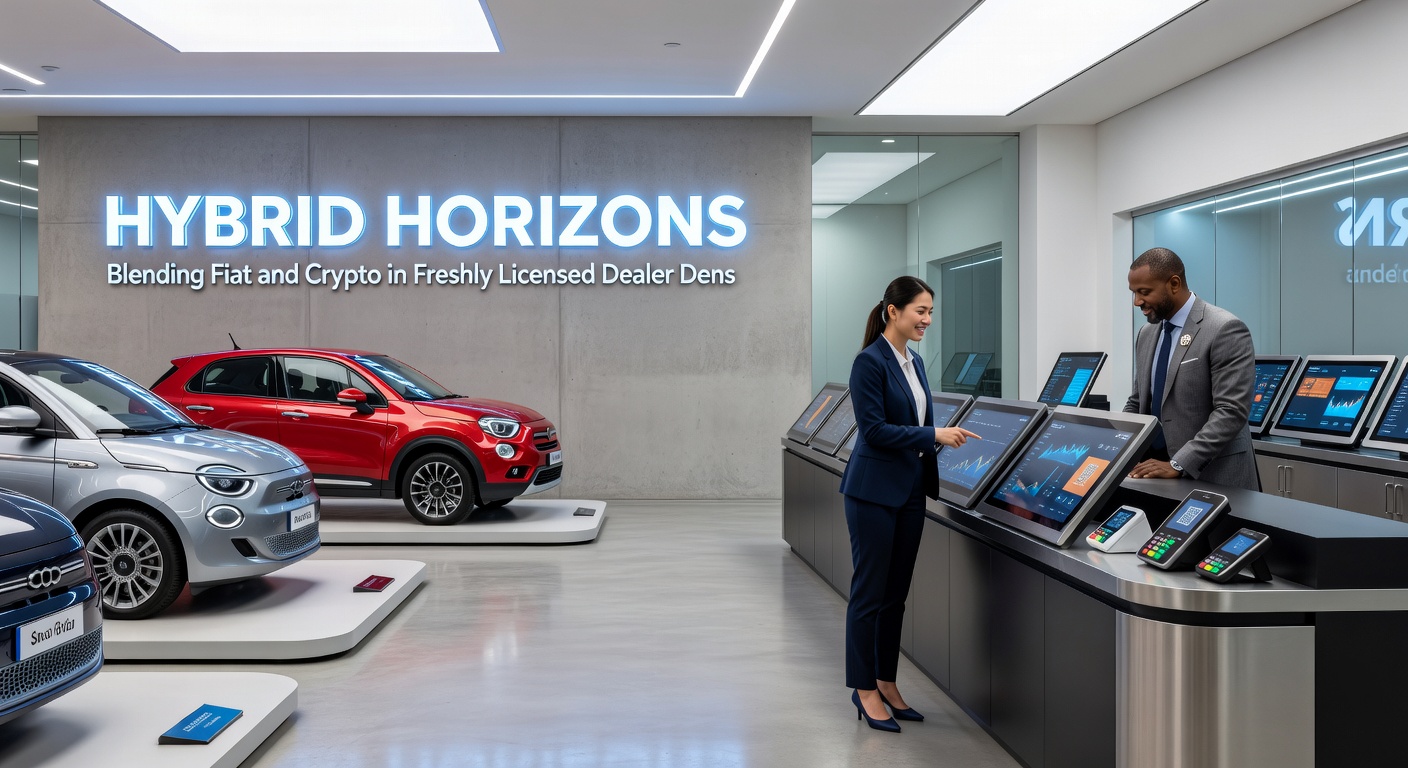 Grafik zeigt Fiat-Münzen und Krypto-Symbole, die in einem Live-Dealer-Studio verschmelzen, mit Lizenznachweis im Hintergrund