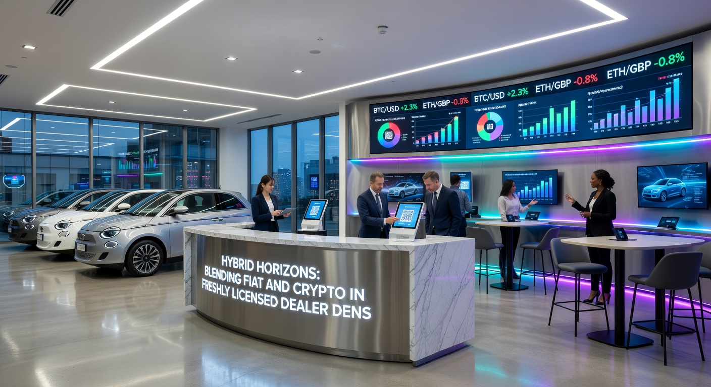 Live-Dealer-Tisch mit digitalem Display für Fiat- und Crypto-Wetten, umgeben von Blockchain-Symbolen und Lizenz-Siegeln