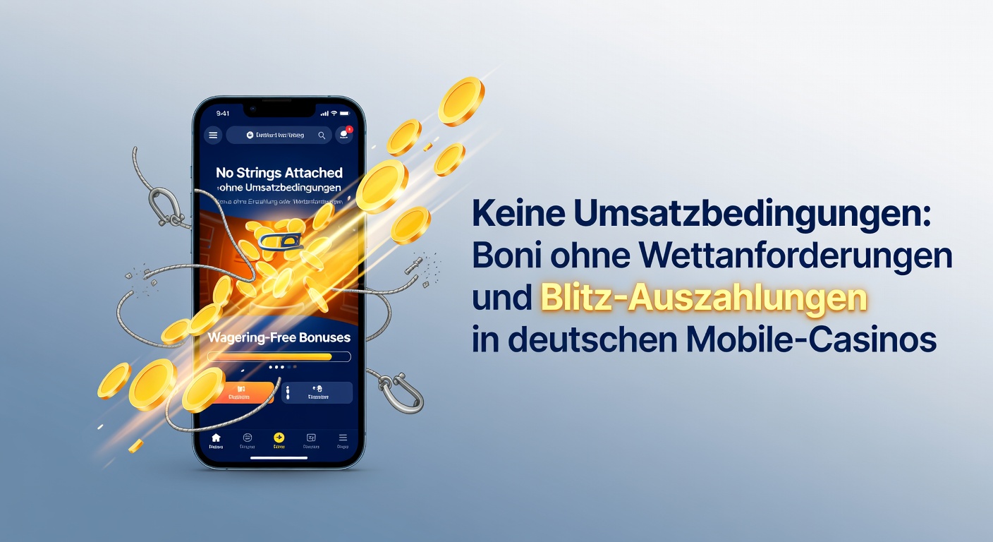 Smartphone mit Casino-App, die einen wagering-free Bonus anzeigt, umgeben von schnellen Auszahlungssymbolen wie Blitz und Euro-Münzen