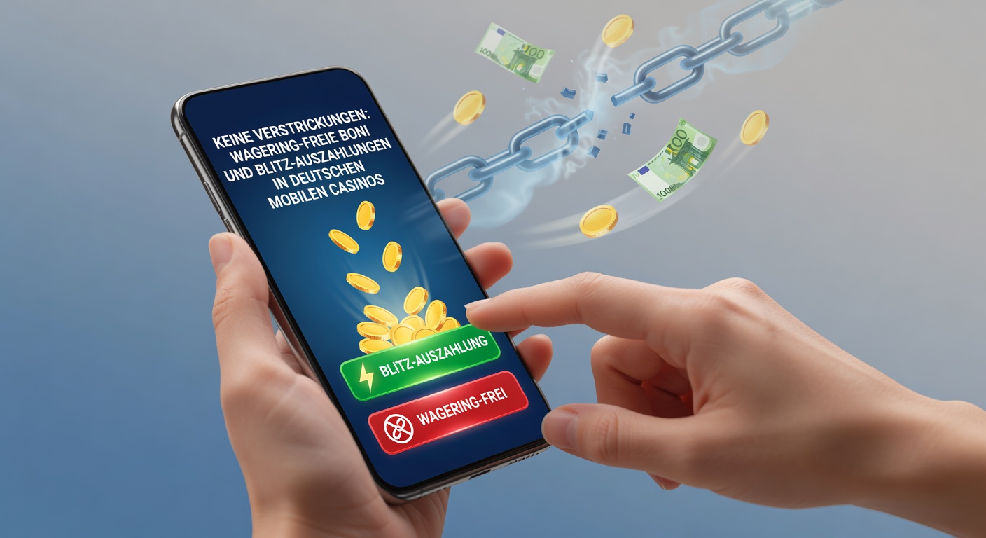 Grafik mit Blitz-Auszahlungs-Timer auf einem Mobile-Casino-Bildschirm, daneben Icons für wettfreie Boni und deutsche Flagge